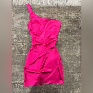 Honey and Rosie One-Shoulder Fuchsia Satin Dress